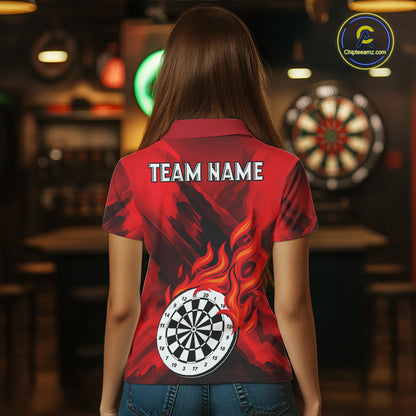 Custom Red Flaming White Dartboard Dart Polo Shirt For Women Outfits Dart Jerseys NYN1609