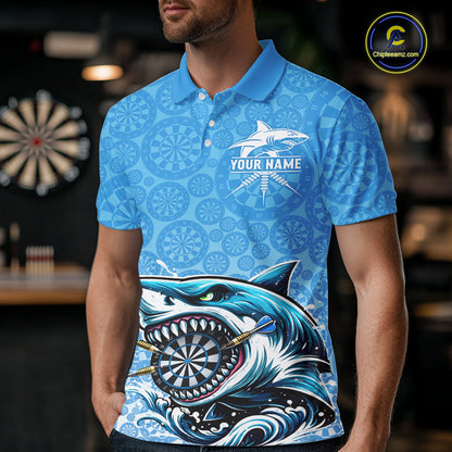 Blue Ferocious Shark Dartboard & Arrow Men Darts Polo Shirt Custom Funny Dart League Shirt NYN2647