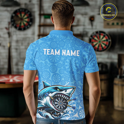 Blue Ferocious Shark Dartboard & Arrow Men Darts Polo Shirt Custom Funny Dart League Shirt NYN2647
