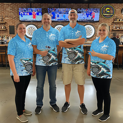 Blue Ferocious Shark Dartboard & Arrow Men Darts Polo Shirt Custom Funny Dart League Shirt NYN2647
