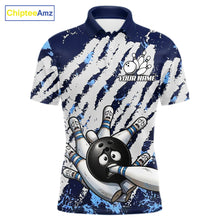 Load image into Gallery viewer, Blue and white grunge bowling ball and pins shirt for men custom bowling team jersey