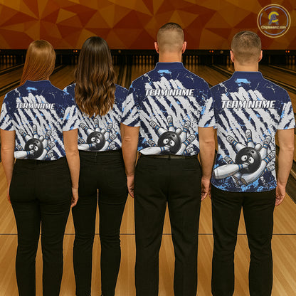 Blue And White Grunge Funny Bowling Ball & Pins Shirts Custom Team Bowling Jerseys For Men NYN3445