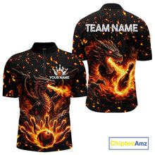 Load image into Gallery viewer, Fire flame dragon bowling polo quarter zip shirt for men red bowling team jersey
