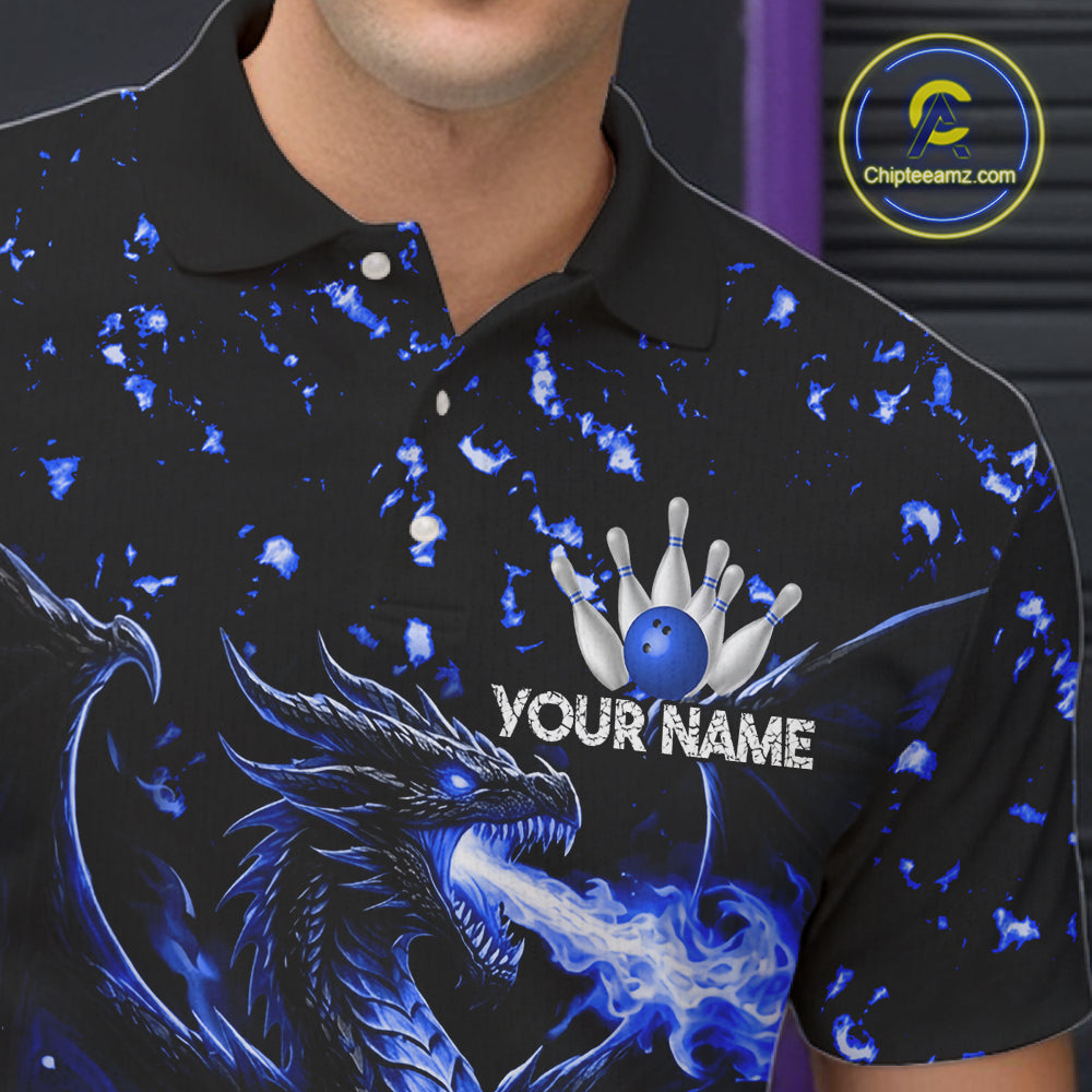 Fire Flame Dragon Bowling Polo Quarter Zip Shirts For Men Custom Team Bowling Jerseys | Blue NYN3451