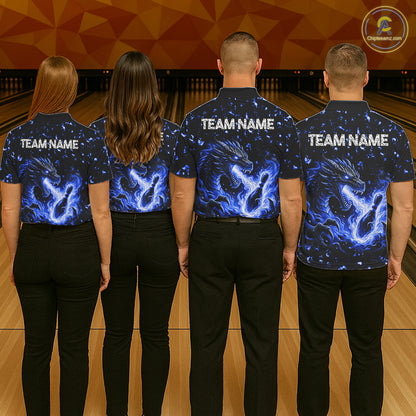 Fire Flame Dragon Bowling Polo Quarter Zip Shirts For Men Custom Team Bowling Jerseys | Blue NYN3451