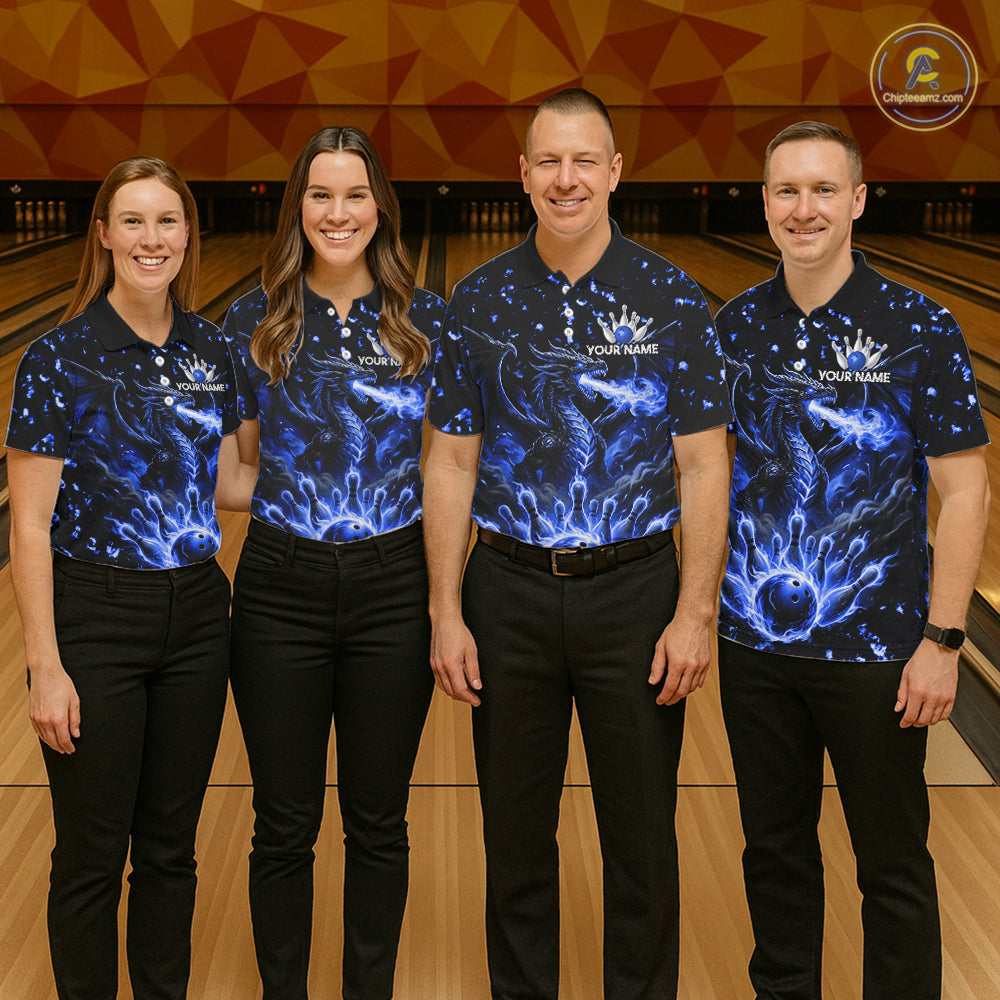 Fire Flame Dragon Bowling Polo Quarter Zip Shirts For Men Custom Team Bowling Jerseys | Blue NYN3451