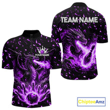 Load image into Gallery viewer, Fire flame dragon bowling polo quarter zip shirt for men purple bowling team jersey