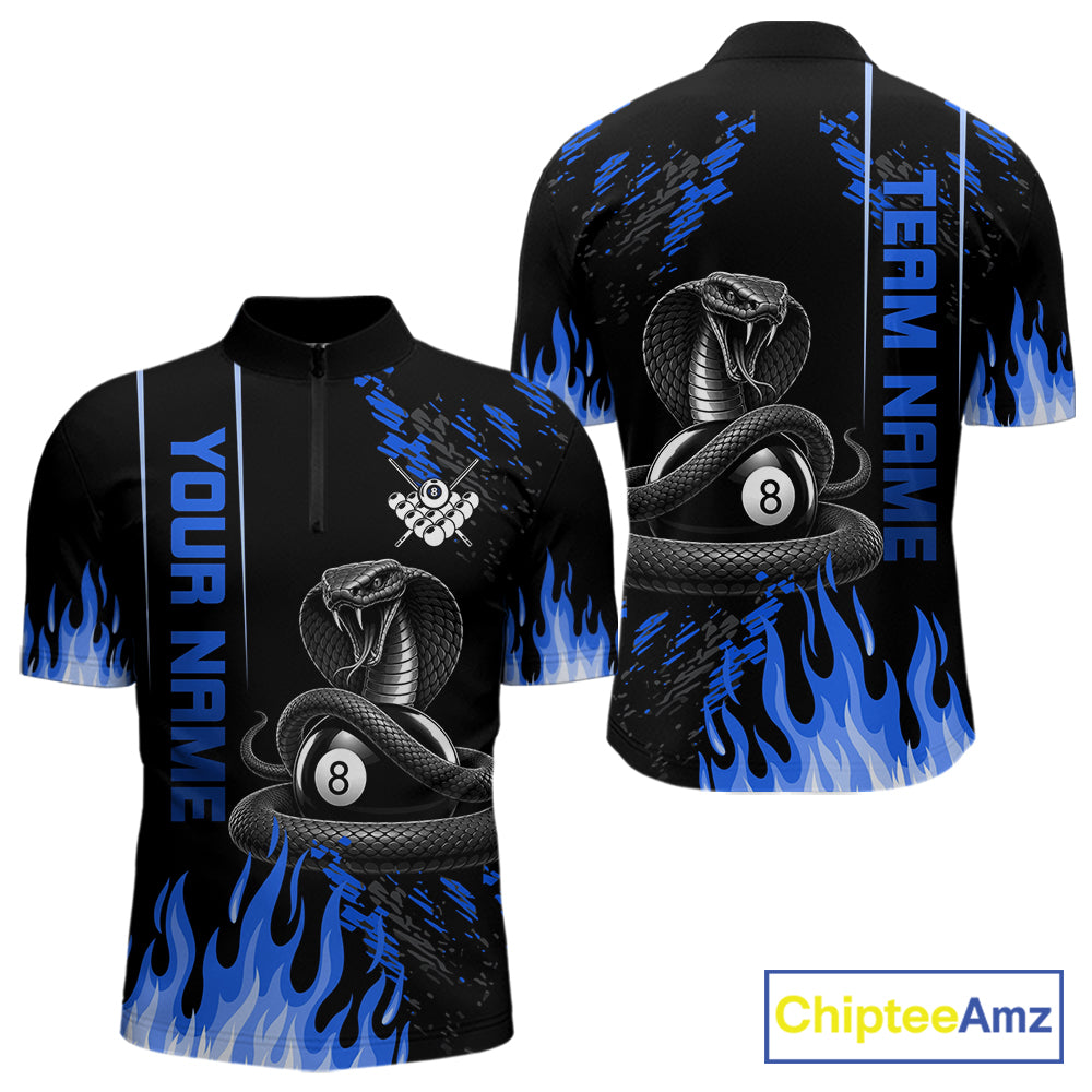Blue Fire Flame Cobra 8 Ball Pool Shirt For Men Custom Billiard League Team Polo & 1/4 Zip Jersey NYN4021