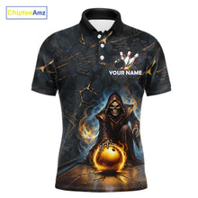Load image into Gallery viewer, Flame Grim Reaper Custom Men Bowling Polo &amp; Quarter-Zip Shirts Gold Bowling Ball League Jerseys NYN3011