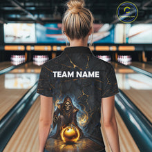 Load image into Gallery viewer, Flame Grim Reaper Custom Women Bowling Polo &amp; Quarter-Zip Shirts Gold Bowling Ball League Jerseys NYN3011