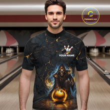 Load image into Gallery viewer, Flame Grim Reaper Custom Men Bowling Polo &amp; Quarter-Zip Shirts Gold Bowling Ball League Jerseys NYN3011