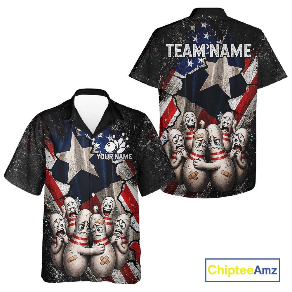 Funny Sad Pins Texas Flag bowling Hawaiian shirt featuring sad bowling pins and Texas flag artwork, custom tropical bowling button-up shirt, personalized league apparel, aloha vacation bowling team clothing
