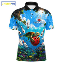 Load image into Gallery viewer, Funny ocean turtle bowling polo shirt for men custom bowling team jersey mockup