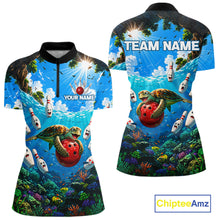 Load image into Gallery viewer, Funny ocean turtle quarter zip bowling shirt for women custom bowling jersey mockup