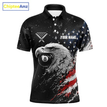 Load image into Gallery viewer, Custom US Flag Eagle men's 8 Ball &amp; 9 Ball billiard polo featuring patriotic eagle artwork, personalized pool tournament jersey, APA league cue sports apparel, championship team uniform, breathable performance sportswear