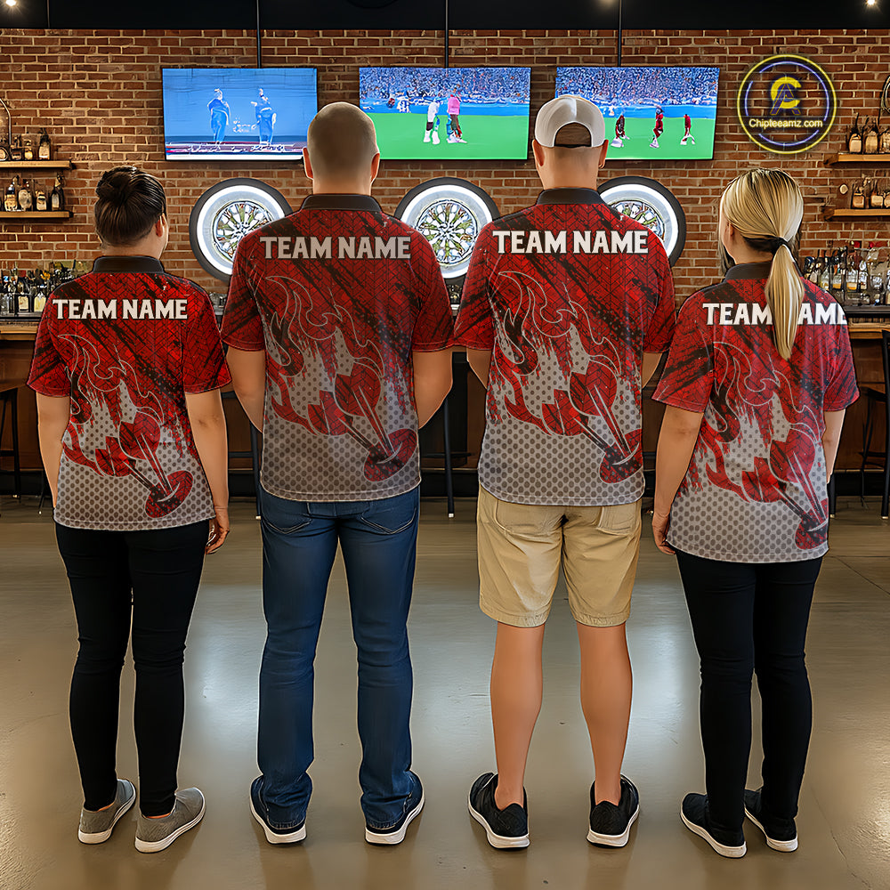 Custom Grunge Red And Grey Halftone Women Darts Polo Team Shirt Dart League Jerseys NYN2178