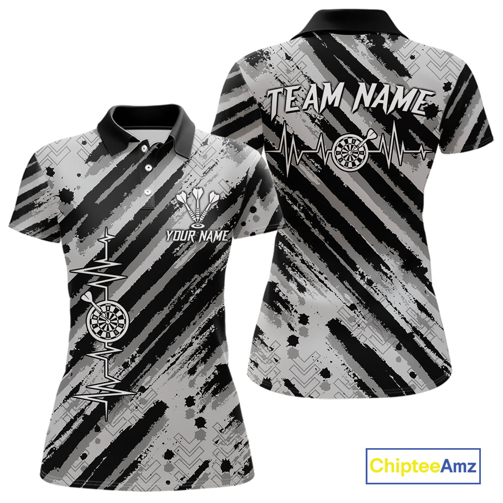 Custom Black Grey Grunge Streaks Skull Women Darts Polo Team Shirt Skull Dart League Jerseys NYN2180