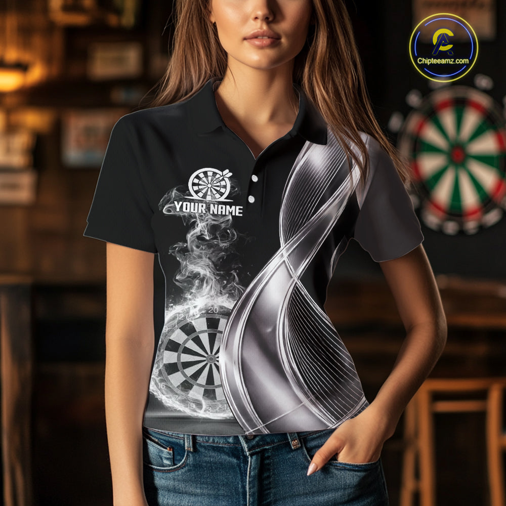 Black And Silver Darts Polo Shirts For Women Custom White Smoke Dartboard Dart Team Jerseys NYN2446