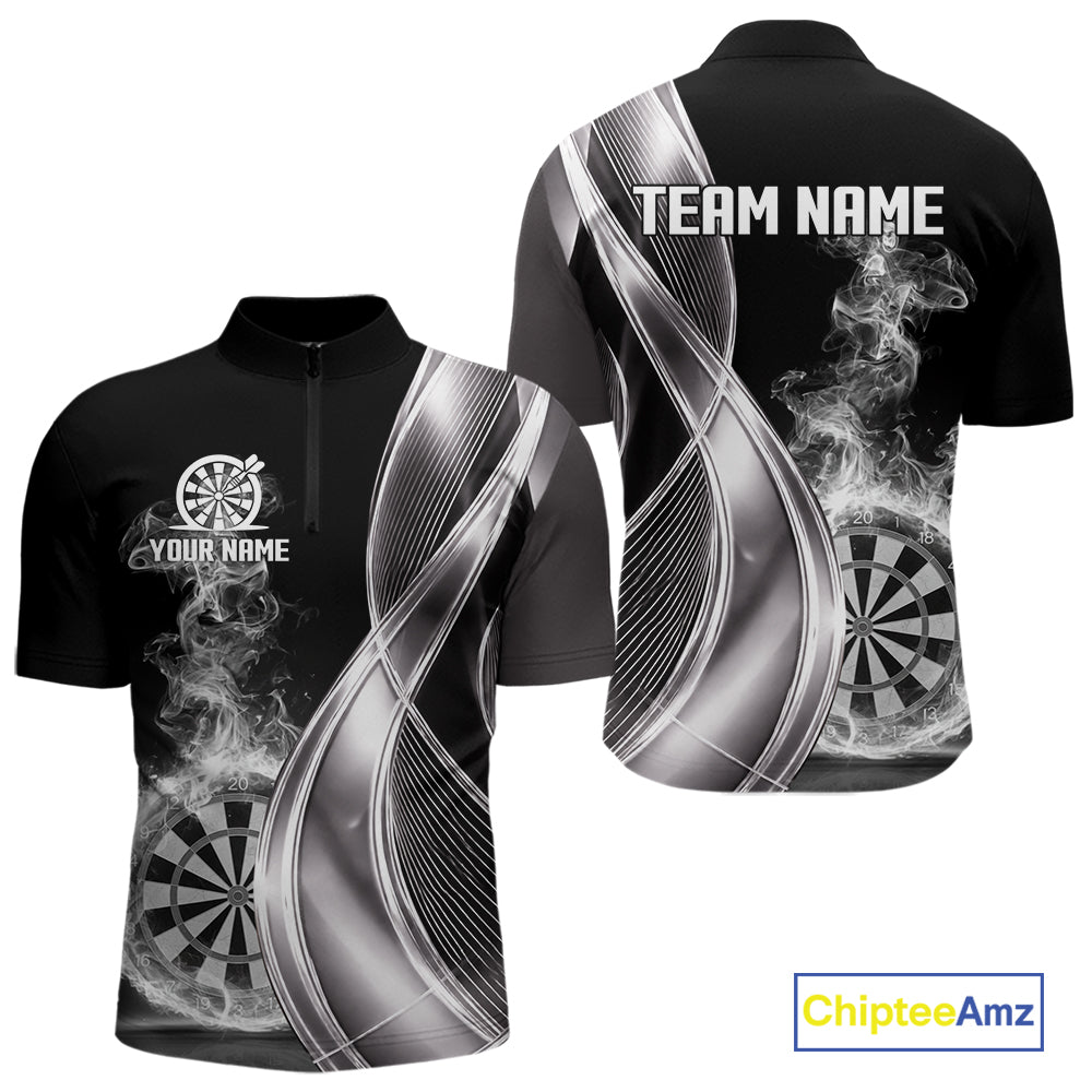 Black And Silver Darts 1/4-Zip Shirts For Men Custom White Smoke Dartboard Dart Team Jerseys NYN2446