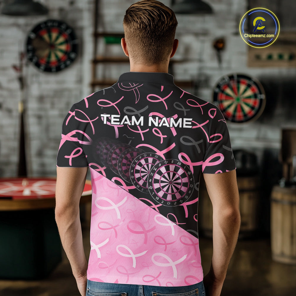 Pink Black Ribbon Blur Dartboard Custom Breast Cancer Awareness Dart 1/4-Zip Team Shirt For Men NYN2450