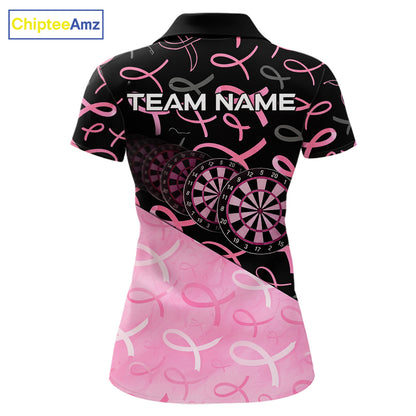 Pink Black Ribbon Blur Dartboard Custom Breast Cancer Awareness Dart Polo Team Shirt For Women NYN2450