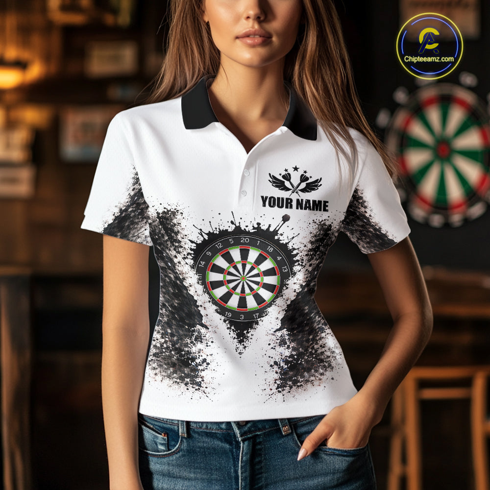 Black And White Splatter Dartboard Women Darts Polo & 1/4-Zip Shirts Custom Outfits Darts Team Jersey NYN3036