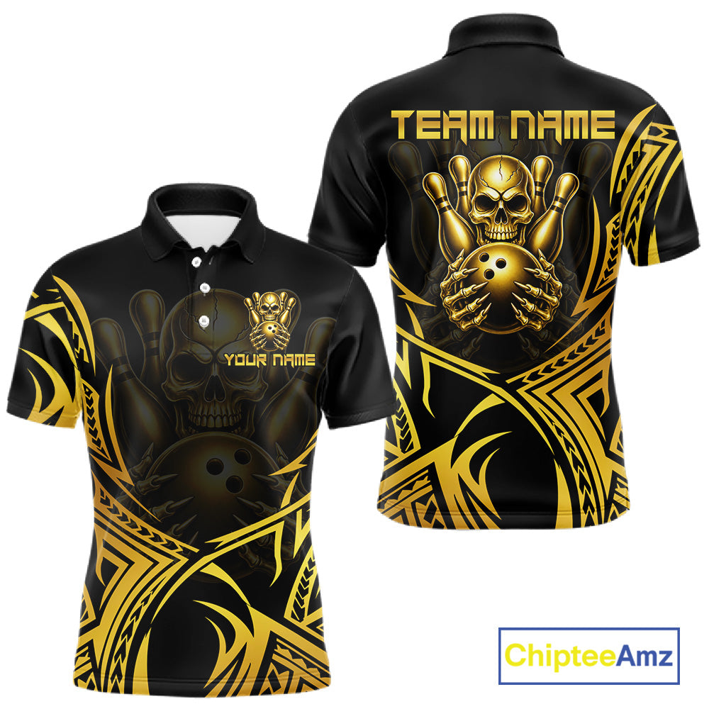 Mens Skull Bowling Shirts Gold Tribal Pattern Custom Skull Bowling Polo Quarter-Zip Team Jersey NYN3755