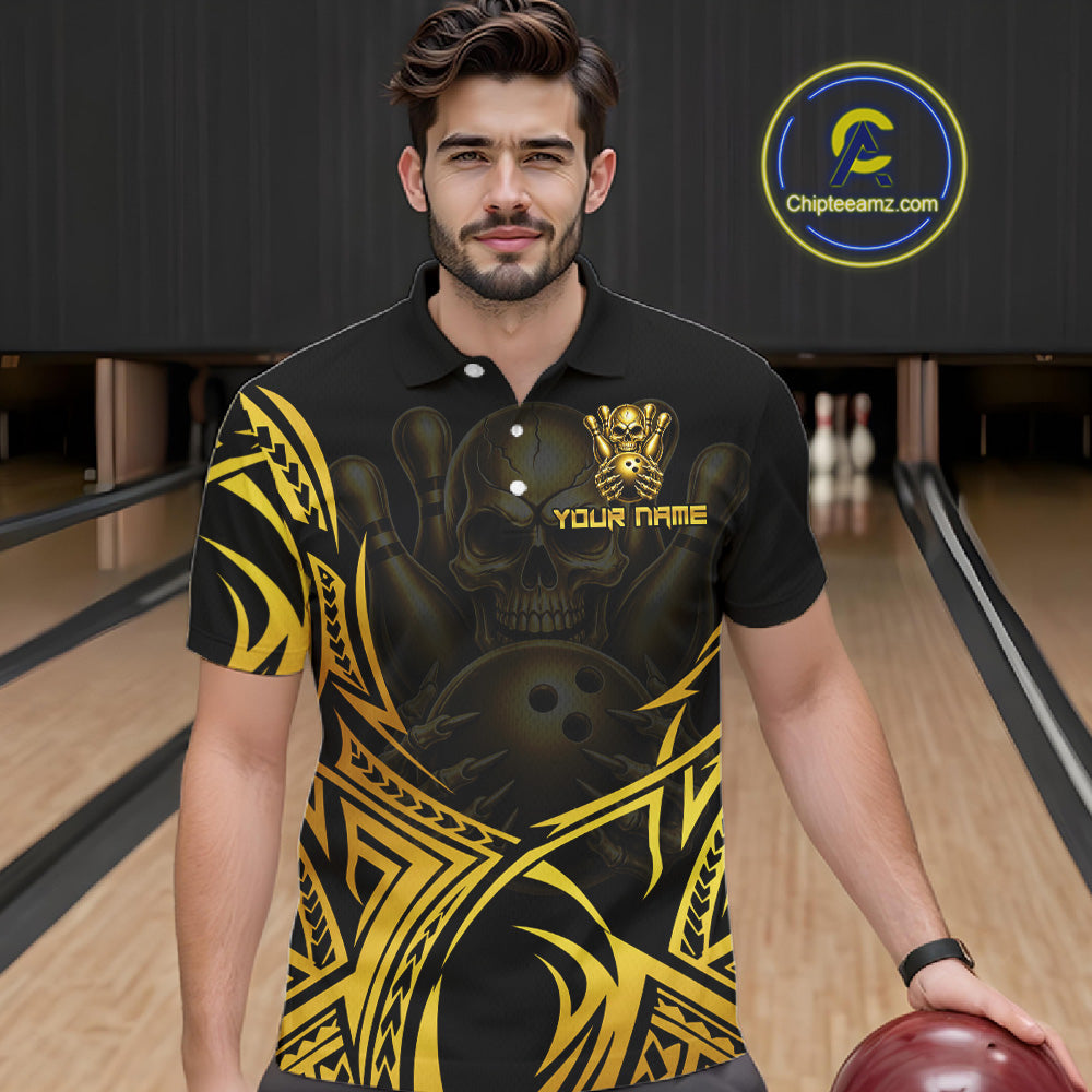 Mens Skull Bowling Shirts Gold Tribal Pattern Custom Skull Bowling Polo Quarter-Zip Team Jersey NYN3755