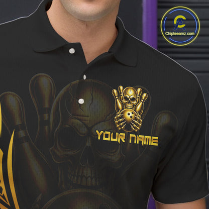 Mens Skull Bowling Shirts Gold Tribal Pattern Custom Skull Bowling Polo Quarter-Zip Team Jersey NYN3755