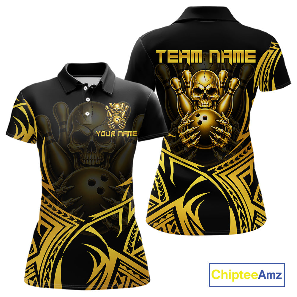 Womens Skull Bowling Shirts Gold Tribal Pattern Custom Skull Bowling Polo Quarter-Zip Team Jersey NYN3755