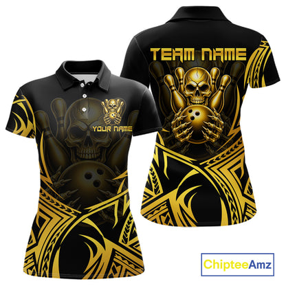 Womens Skull Bowling Shirts Gold Tribal Pattern Custom Skull Bowling Polo Quarter-Zip Team Jersey NYN3755