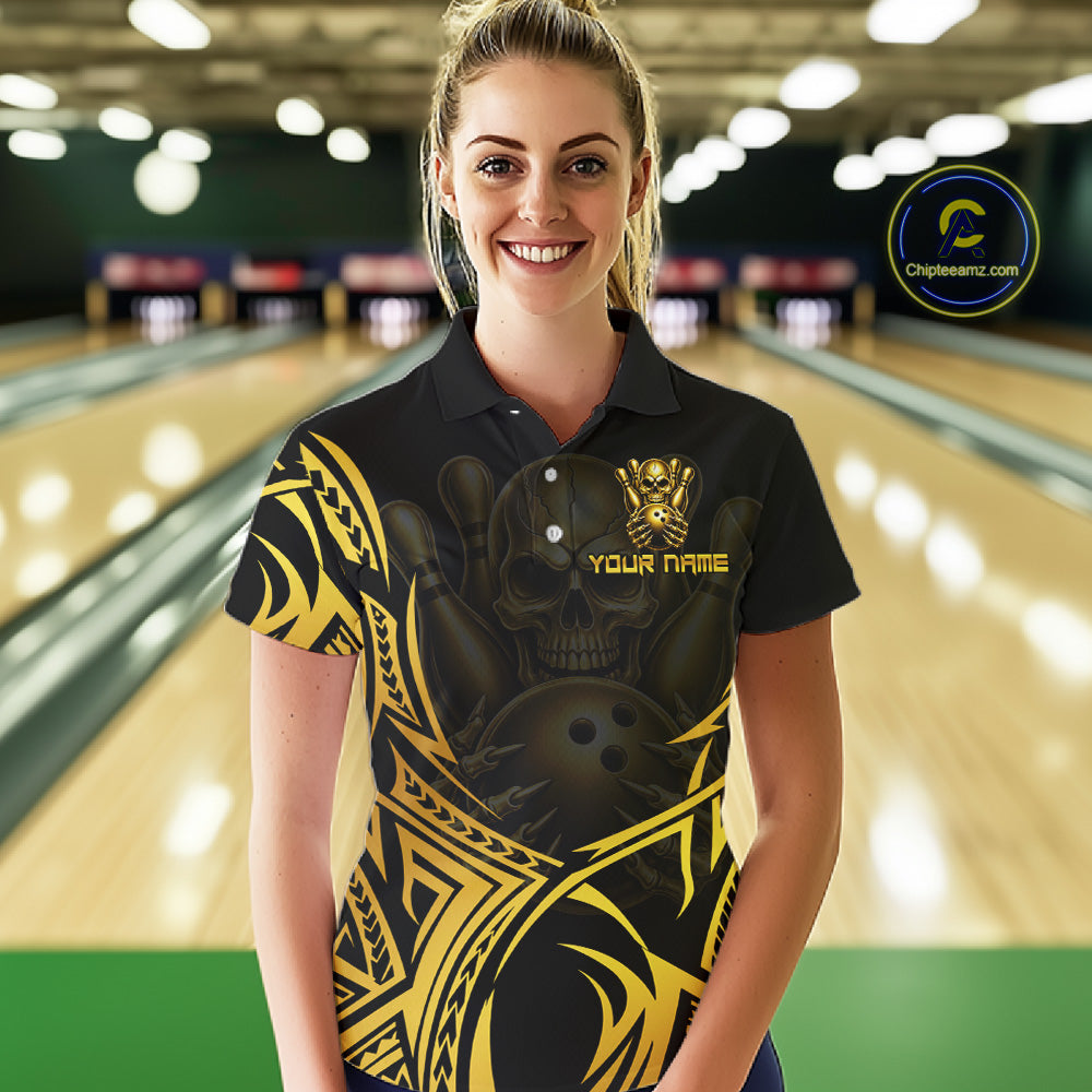Womens Skull Bowling Shirts Gold Tribal Pattern Custom Skull Bowling Polo Quarter-Zip Team Jersey NYN3755