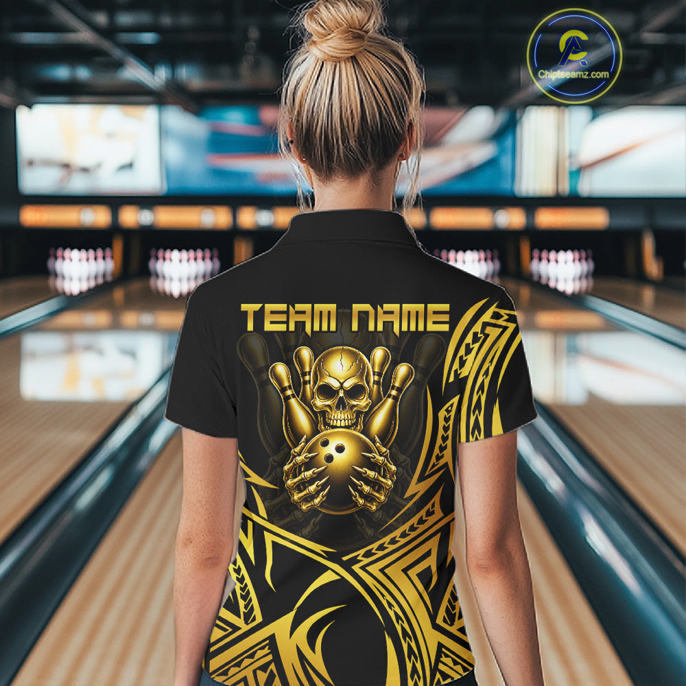 Womens Skull Bowling Shirts Gold Tribal Pattern Custom Skull Bowling Polo Quarter-Zip Team Jersey NYN3755