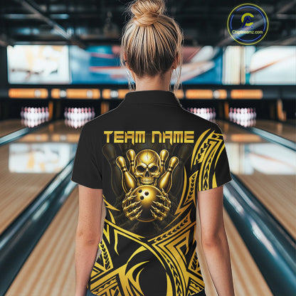 Womens Skull Bowling Shirts Gold Tribal Pattern Custom Skull Bowling Polo Quarter-Zip Team Jersey NYN3755