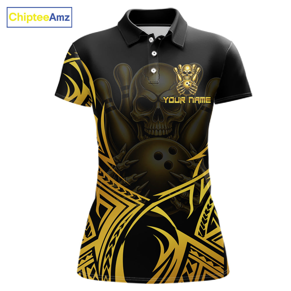 Womens Skull Bowling Shirts Gold Tribal Pattern Custom Skull Bowling Polo Quarter-Zip Team Jersey NYN3755