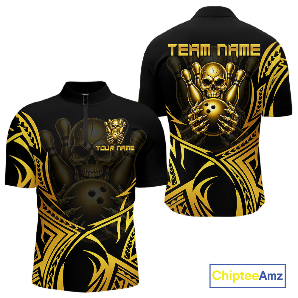 Mens Skull Bowling Shirts Gold Tribal Pattern Custom Skull Bowling Polo Quarter-Zip Team Jersey NYN3755