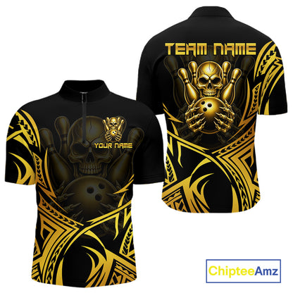 Mens Skull Bowling Shirts Gold Tribal Pattern Custom Skull Bowling Polo Quarter-Zip Team Jersey NYN3755