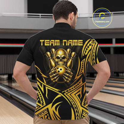 Mens Skull Bowling Shirts Gold Tribal Pattern Custom Skull Bowling Polo Quarter-Zip Team Jersey NYN3755