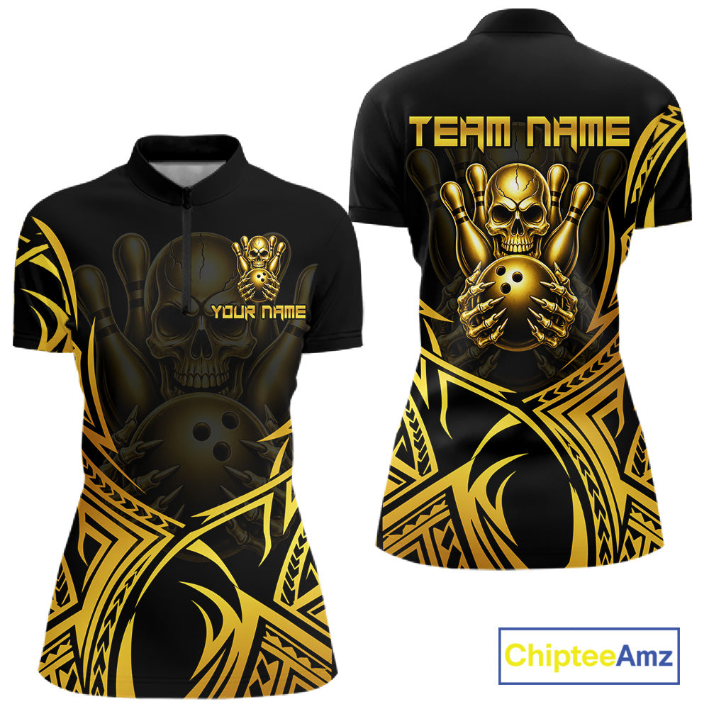 Womens Skull Bowling Shirts Gold Tribal Pattern Custom Skull Bowling Polo Quarter-Zip Team Jersey NYN3755