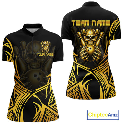 Womens Skull Bowling Shirts Gold Tribal Pattern Custom Skull Bowling Polo Quarter-Zip Team Jersey NYN3755