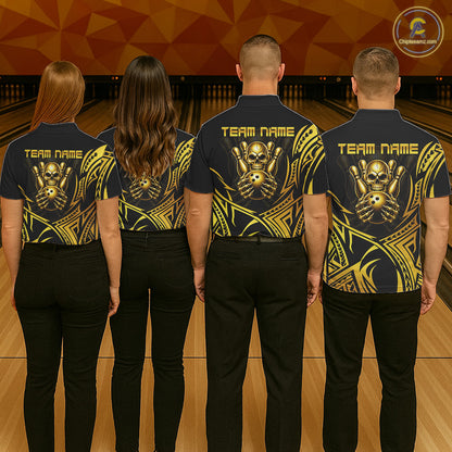 Mens Skull Bowling Shirts Gold Tribal Pattern Custom Skull Bowling Polo Quarter-Zip Team Jersey NYN3755