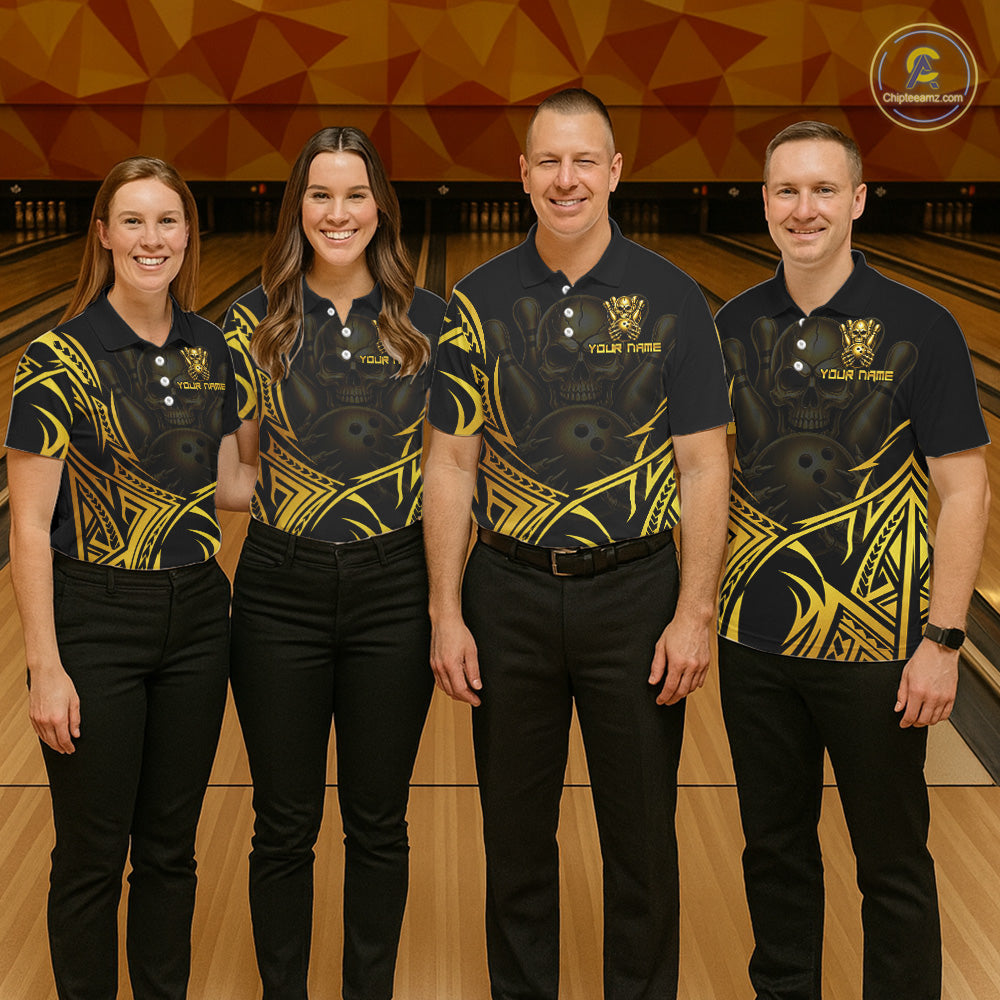 Mens Skull Bowling Shirts Gold Tribal Pattern Custom Skull Bowling Polo Quarter-Zip Team Jersey NYN3755
