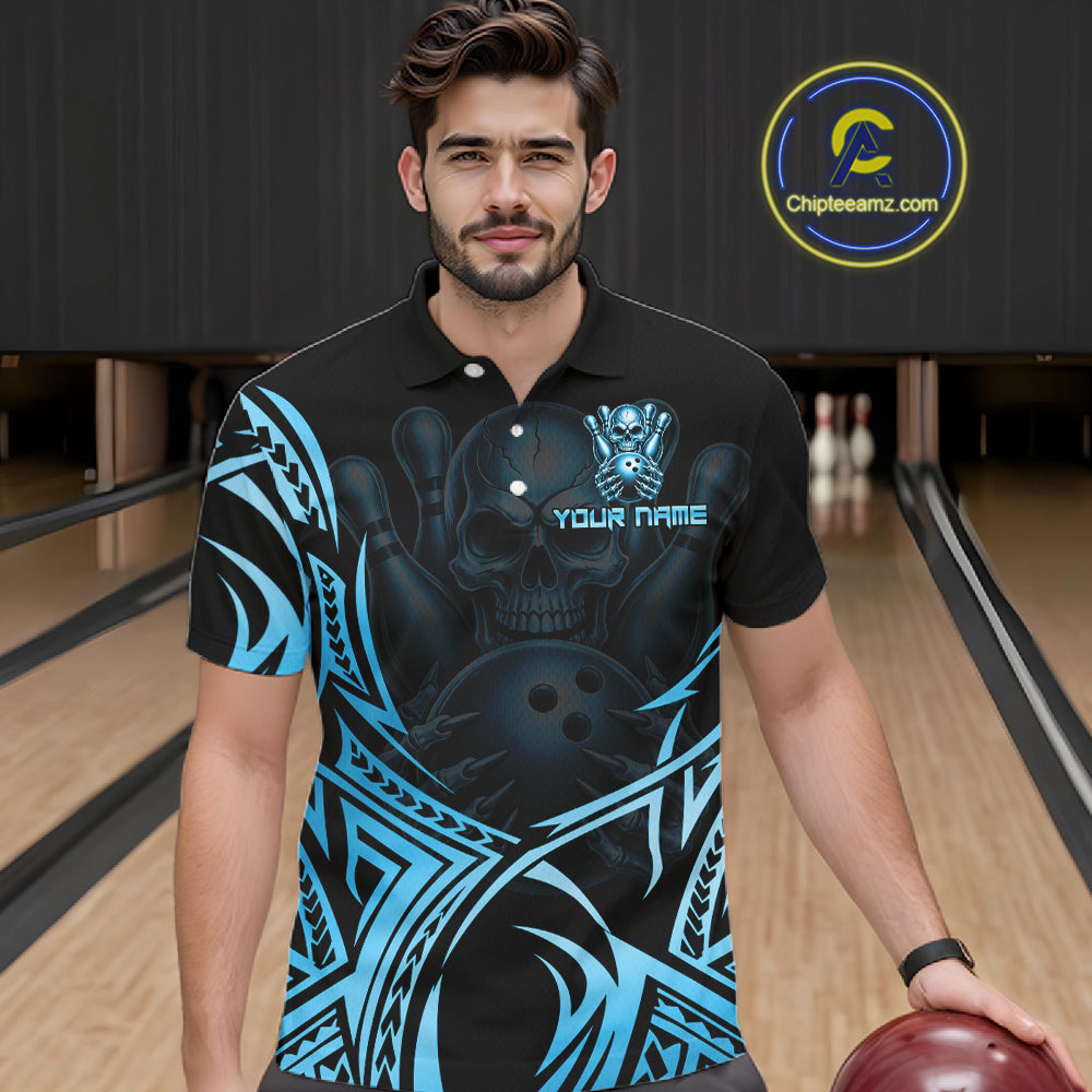 Mens Skull Bowling Shirts Blue Tribal Pattern Custom Skull Bowling Polo Quarter-Zip Team Jersey NYN3756