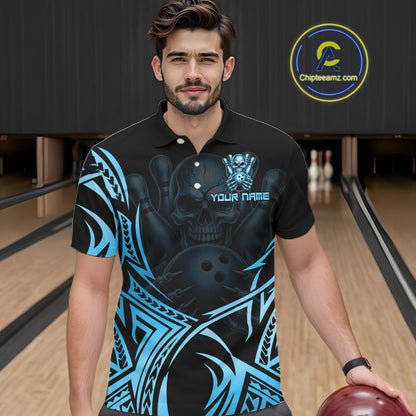Mens Skull Bowling Shirts Blue Tribal Pattern Custom Skull Bowling Polo Quarter-Zip Team Jersey NYN3756