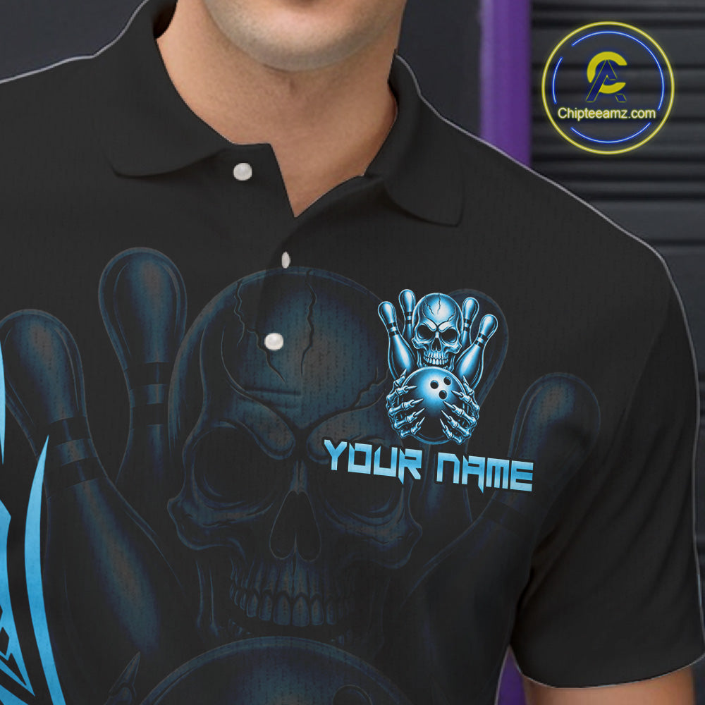 Mens Skull Bowling Shirts Blue Tribal Pattern Custom Skull Bowling Polo Quarter-Zip Team Jersey NYN3756