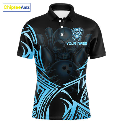 Mens Skull Bowling Shirts Blue Tribal Pattern Custom Skull Bowling Polo Quarter-Zip Team Jersey NYN3756