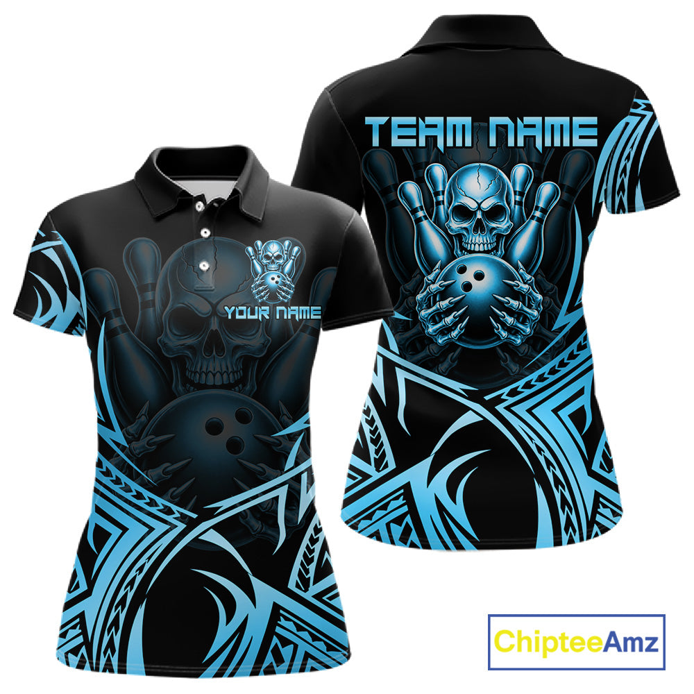 Womens Skull Bowling Shirts Blue Tribal Pattern Custom Skull Bowling Polo Quarter-Zip Team Jersey NYN3756