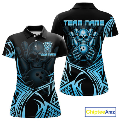 Womens Skull Bowling Shirts Blue Tribal Pattern Custom Skull Bowling Polo Quarter-Zip Team Jersey NYN3756