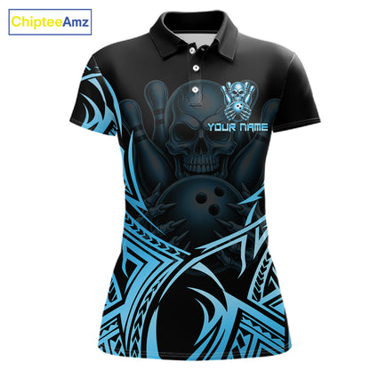 Womens Skull Bowling Shirts Blue Tribal Pattern Custom Skull Bowling Polo Quarter-Zip Team Jersey NYN3756
