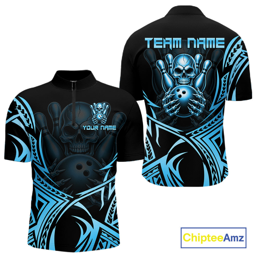 Mens Skull Bowling Shirts Blue Tribal Pattern Custom Skull Bowling Polo Quarter-Zip Team Jersey NYN3756